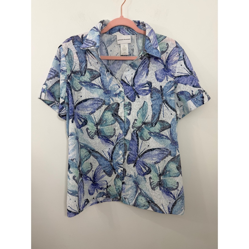 Alfred Dunner Womens Blue Butterfly Print Short Sleeve Button Down Shirt Size M